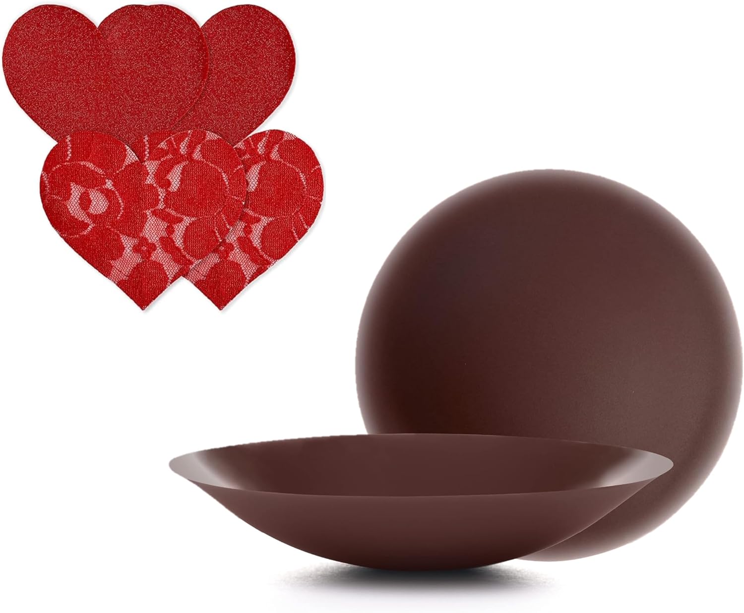 Nippies Adhesive Nipple Covers + Fabric Pasties Set - 1 Pair of Reusable Silicone Covers Espresso Size 2 + 2 Pairs of Red Heart-Shaped Fabric Pasties, Discreet, Skin-Friendly, Chic Travel Box Included