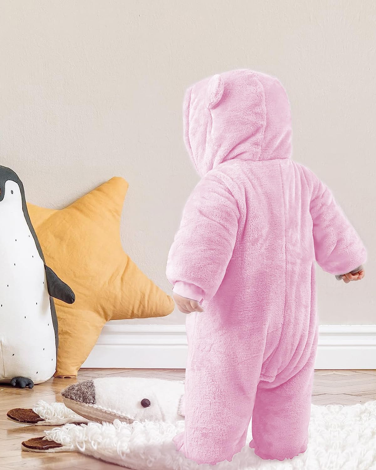 Salopette per Neonato Romper Invernale in Flanella Playsuit con Piedini Felpa con Cappuccio Cartoon,Rosa 0-3 Mesi
