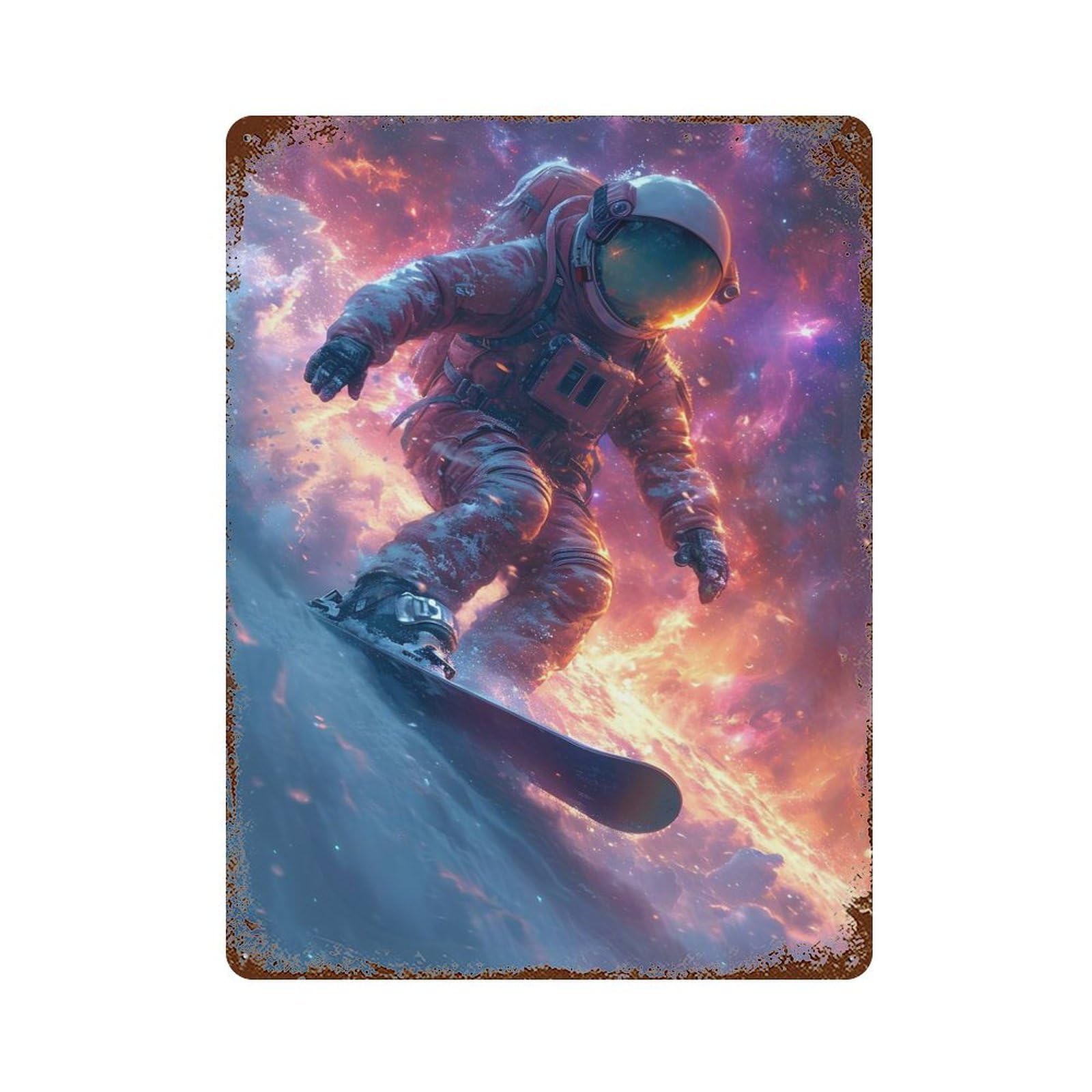 Distressed Metal Wall Sign with Astronaut in Space Surfer Design 15.7"x11.8", for Shed, Workshop And Garage Wall Decor, Decorative Metal Wall Art