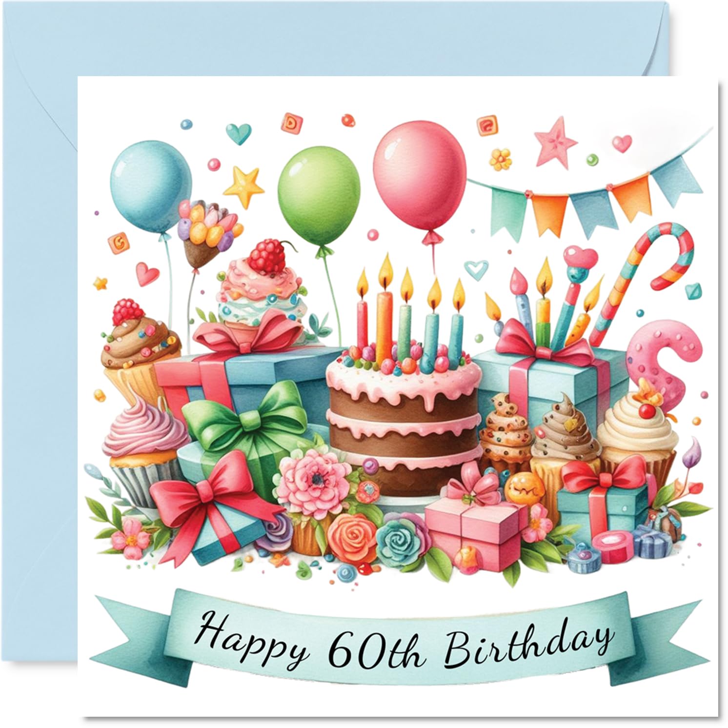 60th Birthday Cards for Women and Men, Cake and Presents