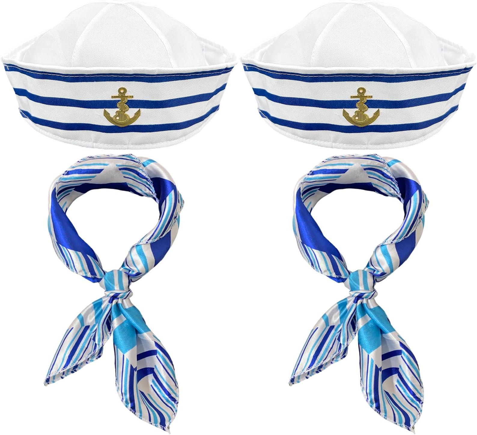 FUIPVGI 4 Pcs Sailor Hat and Scarf Set,Yacht Captain Cap Sailor Ship Cap,Sailor Outfit,Blue and White Striped Navy Outfit Dressing Up Party Costume Accessory for Navy Outfit Dressing Up Party