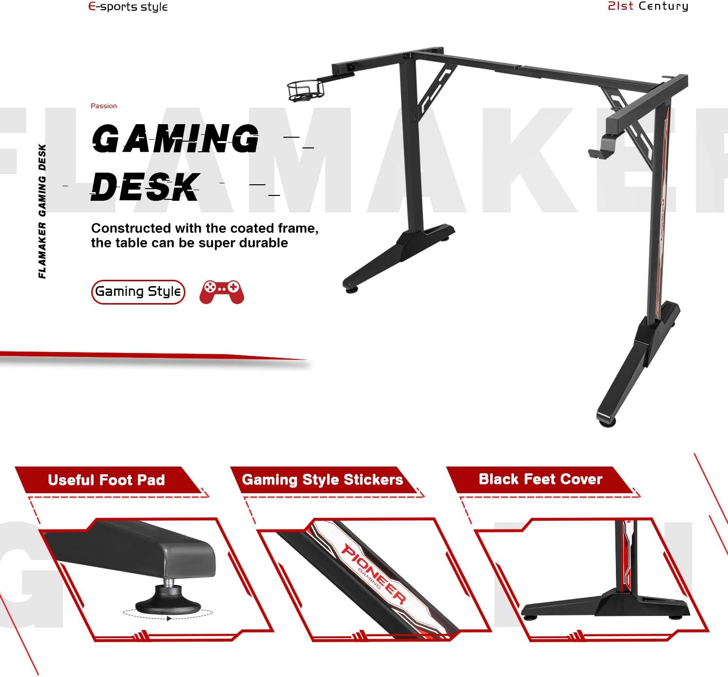 Flamaker Gaming Desk 44 Inch Gaming Table Computer Desk PC Gamer Table T Shape Game Station with Large Carbon Fiber Surface, Cup Holder & Headphone (Light Black)