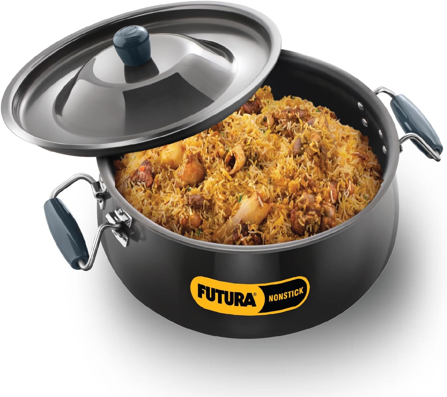 Futura 12 Litre BigBoy Biryani Handi, Non Stick Pot with Hard Anodised Lid, Sauce Pan for Cooking and Serving Biriyani, Black (NBH12) Aluminium