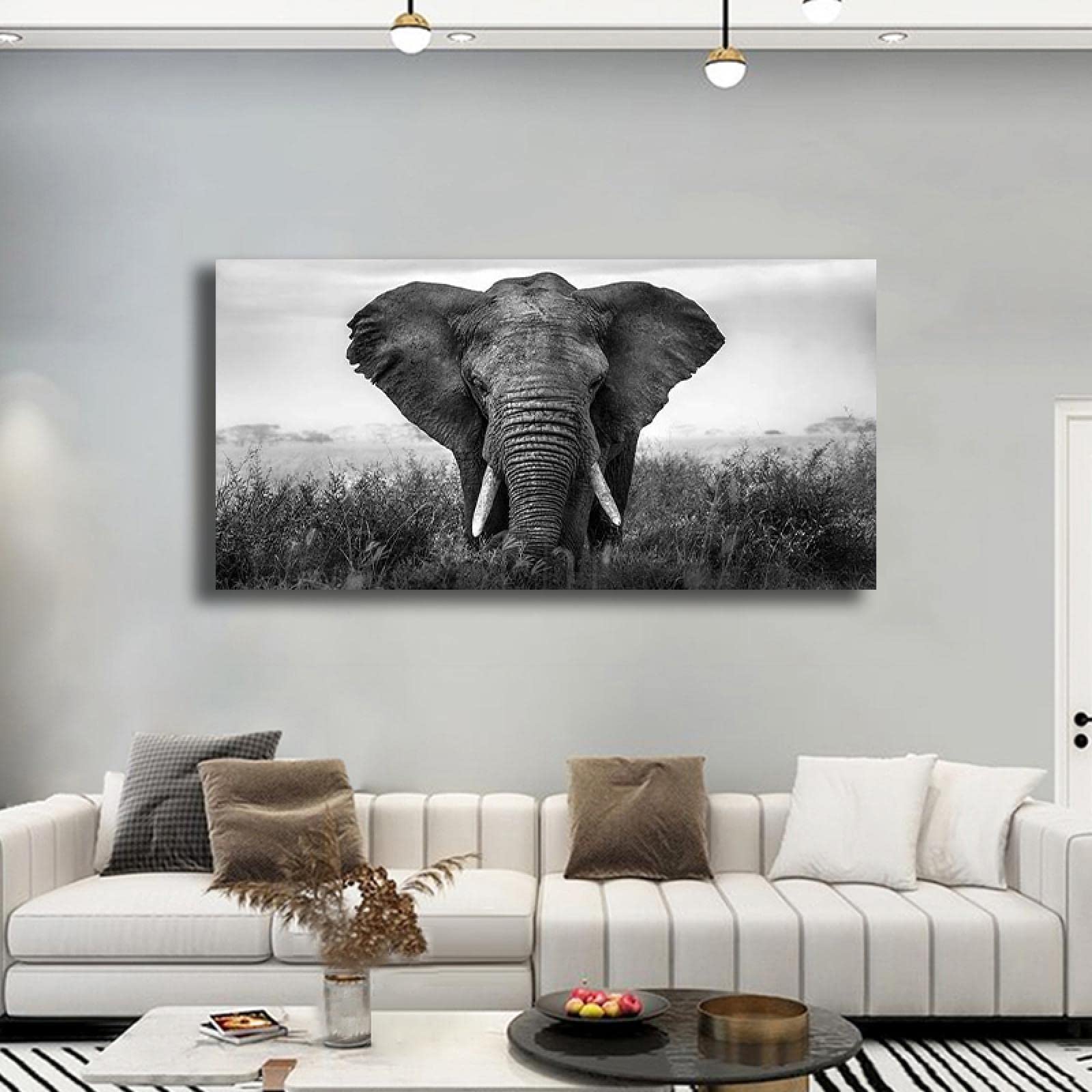 Wandbild mit Tiermotiv, Schwarz-Weiß. Gerahmte Leinwanddrucke für Wohnzimmer: Elefant auf dem Grasland. Kunst-Tiergemälde auf Leinwand, 40 x 80 cm, verpackte Leinwand