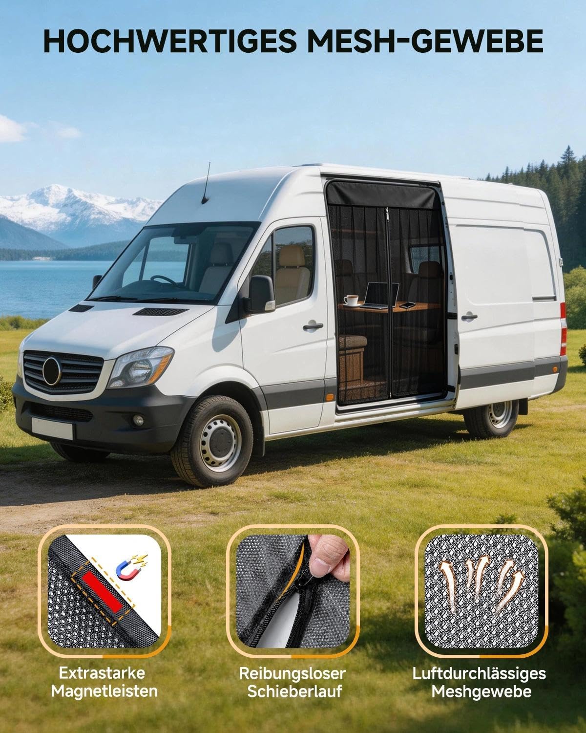 Osłona przeciwsłoneczna do standardowych okien bocznych na dach | z zamkiem błyskawicznym i magnesami na kemping i wentylację | Mercedes-Benz Sprinter, Ford Transit, Fiat Ducato, RAM ProMaster