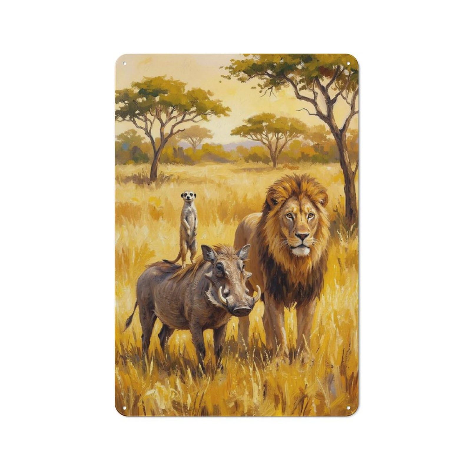 Junmoney Style Industrial Lion, Warthog, And Meerkat In Savannah Retro Metal Sign 30X20cm, Shed Wall Plaque For Garage, Workshop, Shed Or Utility Room