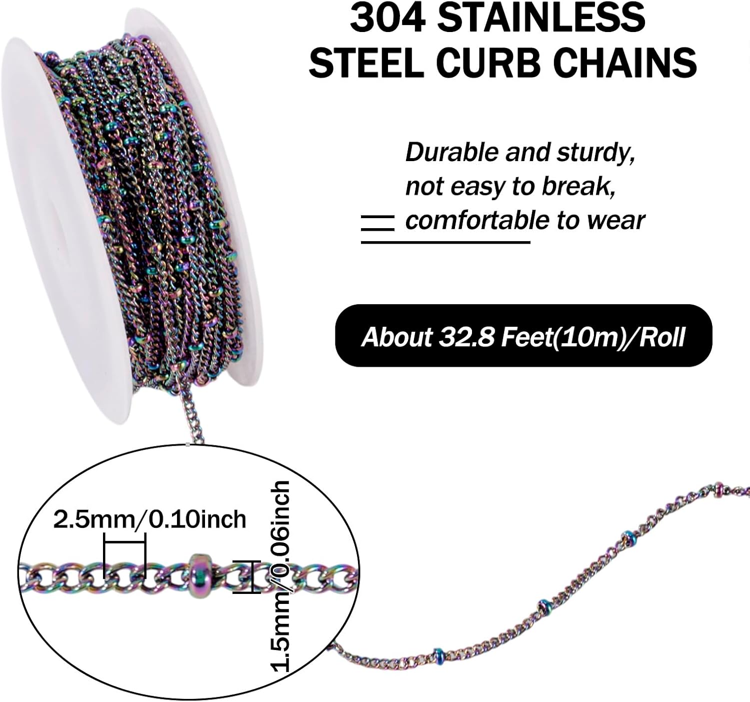 Craftdady 32 Feet Stainless Steel Link Twisted Curb Chains Multicolor Soldered Cable Cross Beaded Satellite Chains with Spool for Bracelet Necklace Earring Jewelry Making