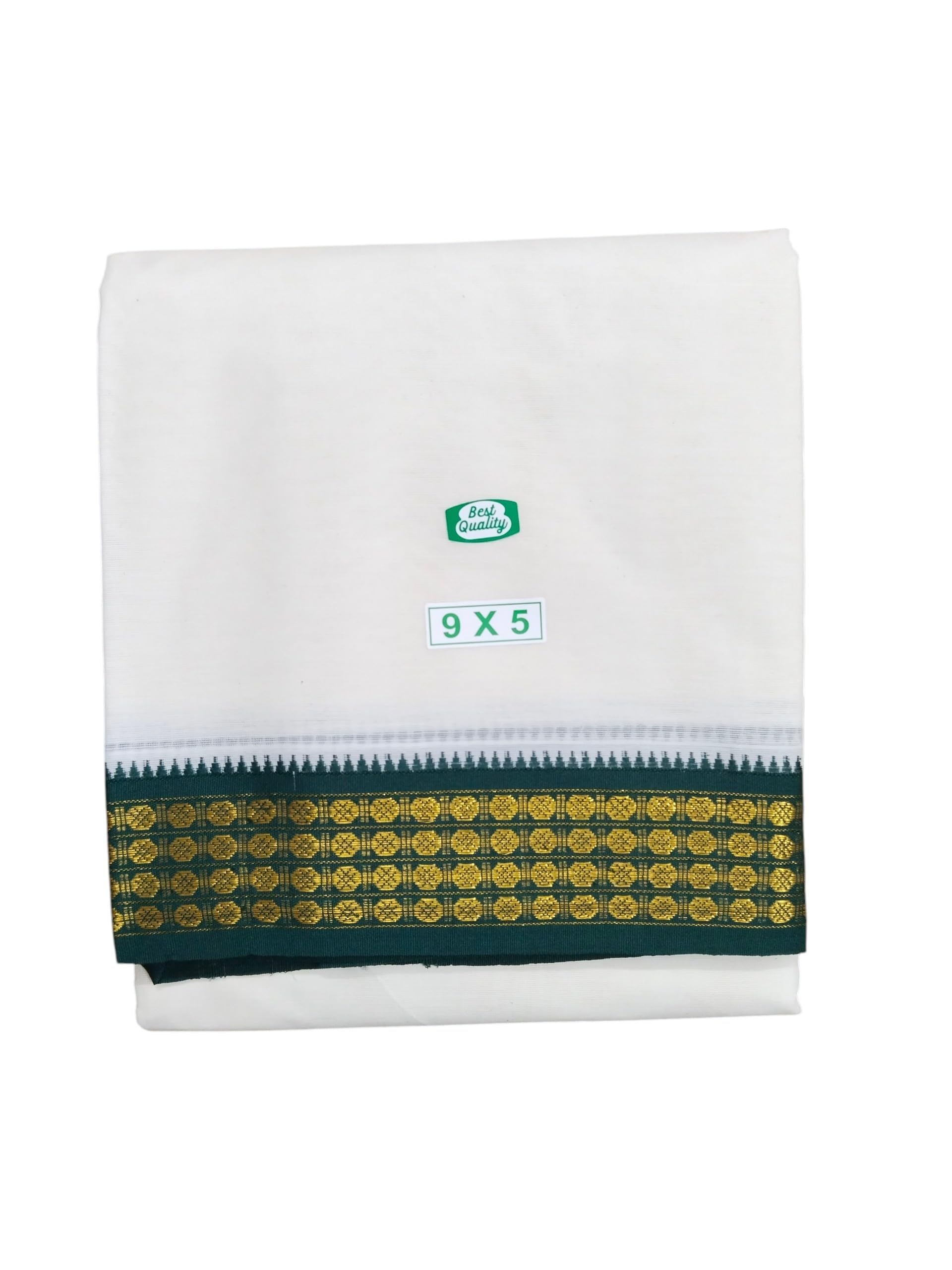 Traditional Mens Pure Cotton Rudratcha Dhoti with Angavashtram, 9x5 Size, Green & Maroon-Gold Zari Border, Cream Off White Colour, 4 Metres Dhoti with 2.25 Metres Angavashtram,9+5 Panchakecham-image-45
