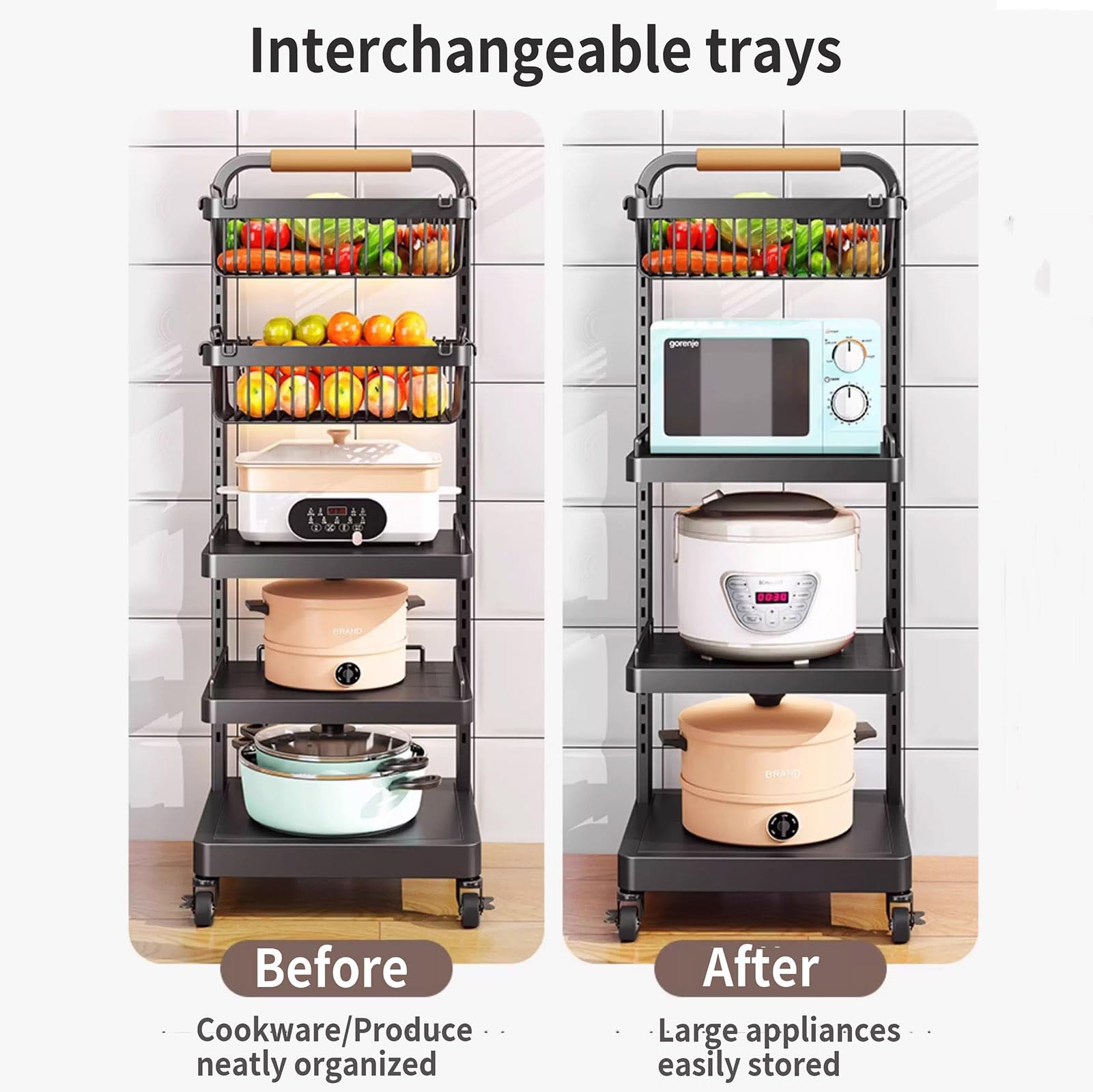 Carrito de almacenamiento de cocina, organizador rodante con cestas extraíbles, estante que ahorra espacio para utensilios de cocina y electrodomésticos