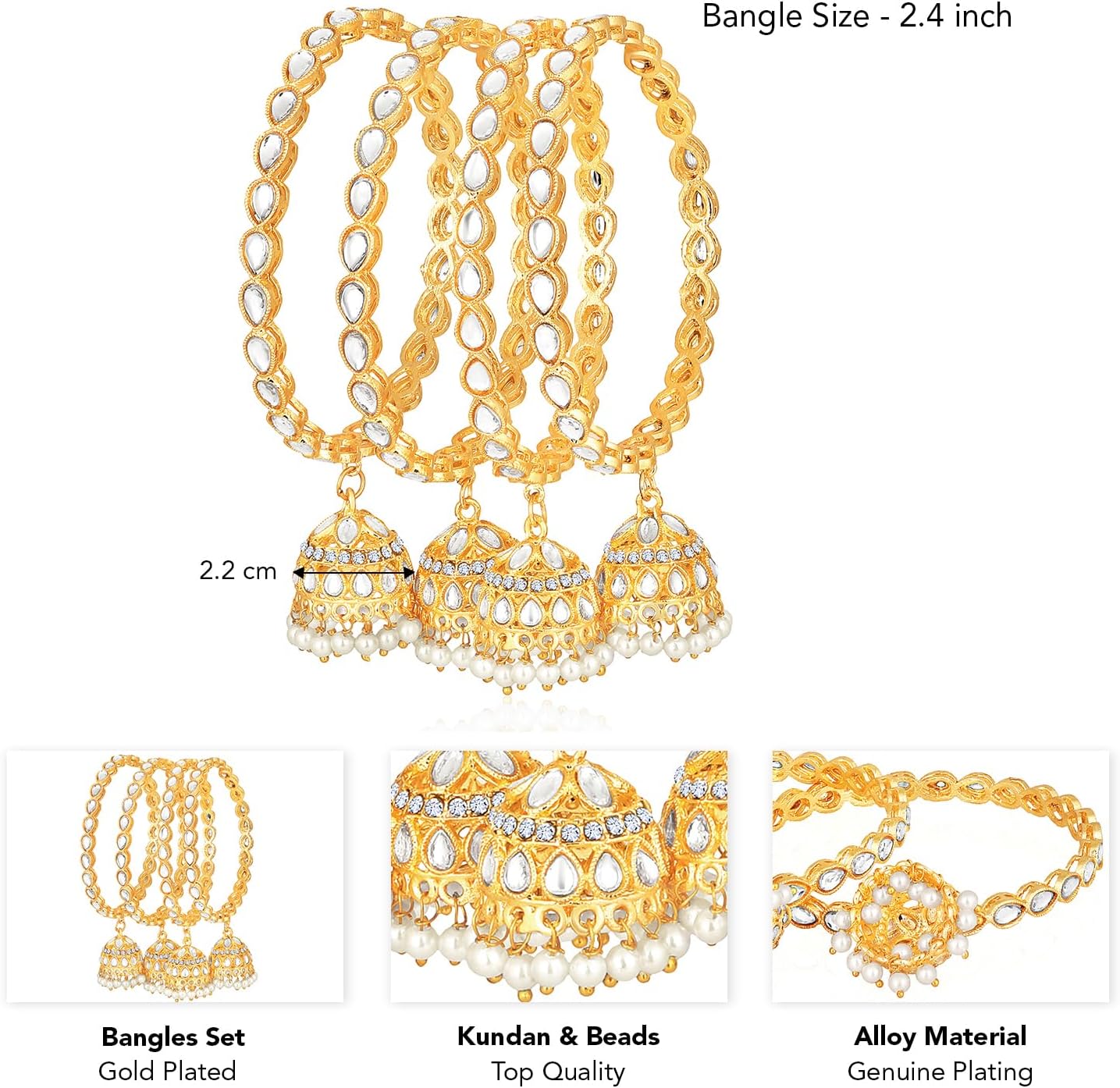Aheli Gold Plated Kundan & Beads Studded Bangle with Hanging Jhumka Jhumki Ethnic Jewellery Gift for Women