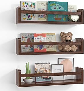 Floating Wall Nursery Book Shelves for Bedrooms Kids 16.5 Inch Walnut Color Wooden Baby Book Shelf for Kids Rooms Set of 3 Nursery Shelves for Wall Mounted Toddler Bookshelf