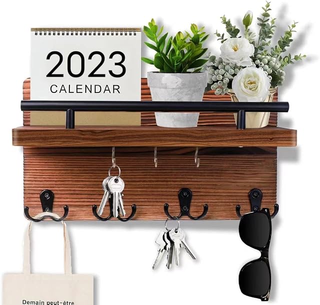 WeiaiziY Key Holder for Wall,Key Hooks Wall Mounted with 4 Double Hooks and 3 Hooks,Wooden Mail Organizer with Shelf, Mail Key Rack,Rustic Key Holder Home Decor for Hallway, Entryway, Mudroom Office