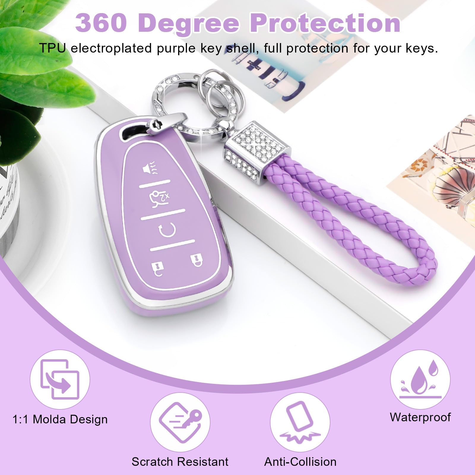 Seedwee TPU Key Fob Cover For Chevy - 5 Button Protector With Keychain, Silver Purple