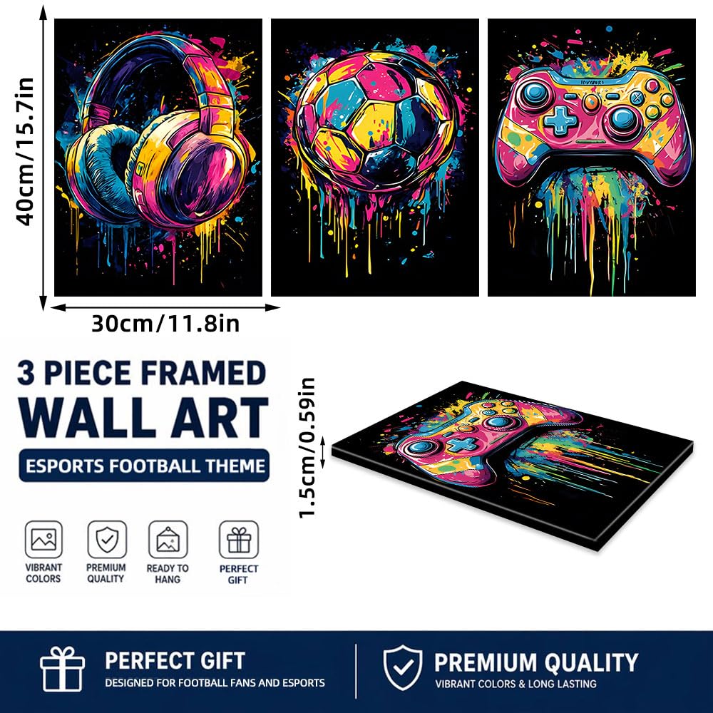milaosk Tableau Décoration Murale Gaming Affiche Impressions sur Toile | Manette de Jeu Casque Football Style Graffiti Poster Mural pour Chambre Gaming Deco Chambre Garcon 40x60cm x 3pcs