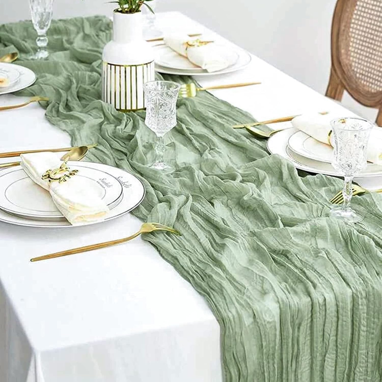 Tischläufer Grün, 10 Stück Salbeigrün Käsetuch, Seihtuch Tischdeko Geburtstag für Boho, Hochzeit, Party Geburtstag Dekoration 90 x 300 cm