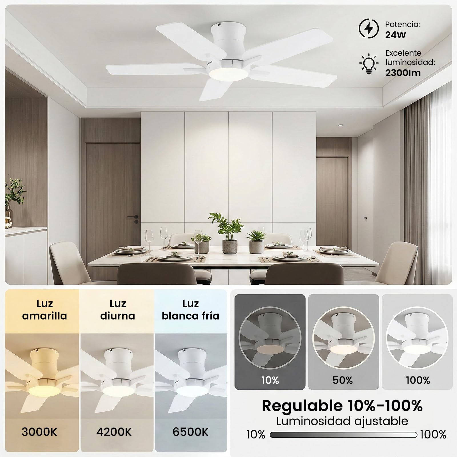 Ventilador de techo con luces de 122 cm, ventilador de techo con mando a distancia, silencioso motor reversible de CC, memoria 3CCT, regulable, 6 velocidades,Blanco