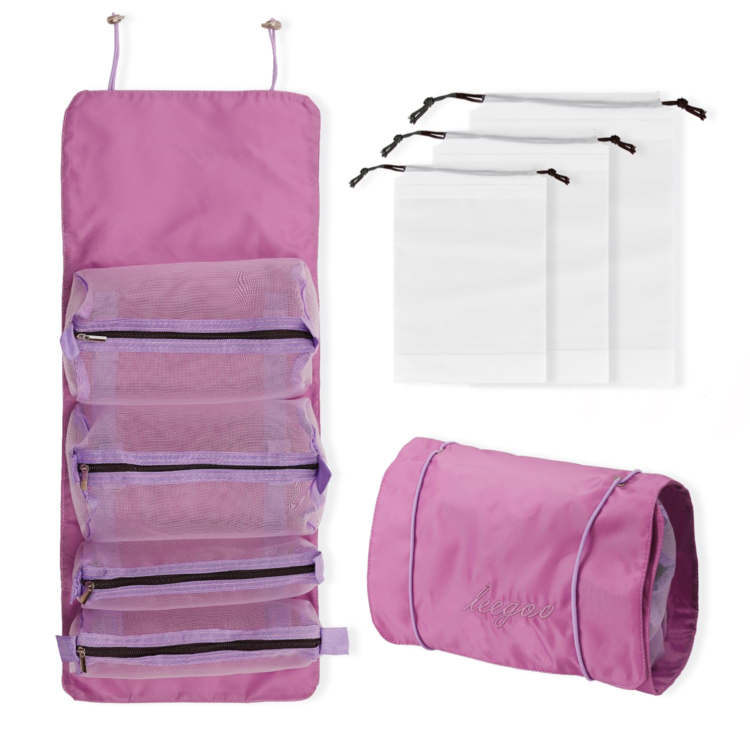 Zoomers Neceser Maquillaje, Bolsa Maquillaje Plegable 4 Compartimentos Desmontables, Neceser Maquillaje Organizador con 3 Bolsas Ropa Viaje.Bolsa Aseo Mujer, Neceser Mujer Maquillaje Viaje.Morada