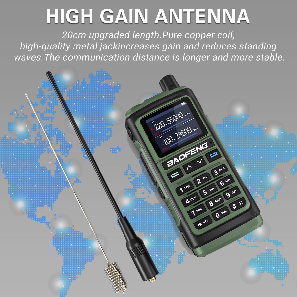 Una ràdio BAOFENG UV-17R amb una antena llarga d'alt guany al costat, que il·lustra la longitud i el disseny de l'antena.