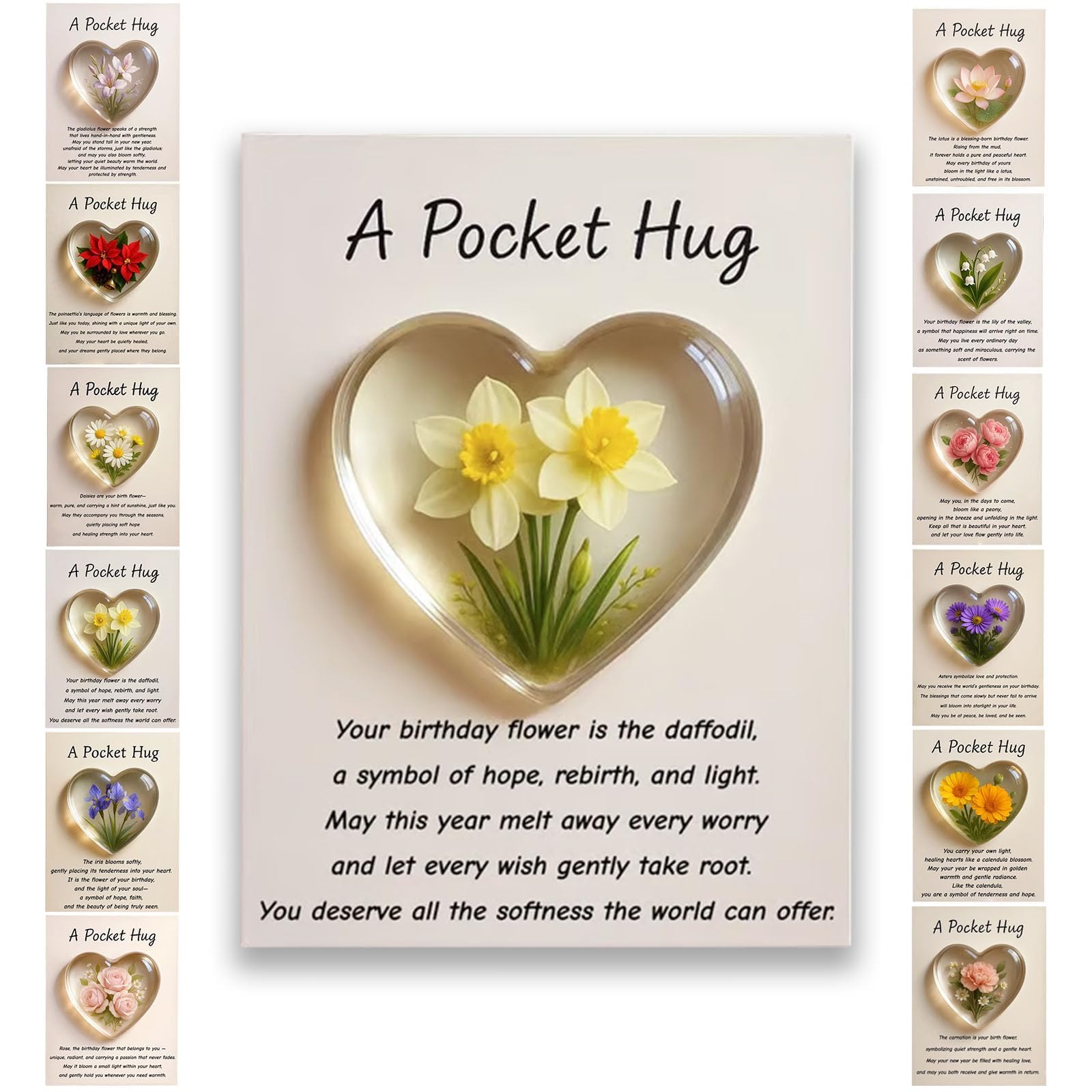 Birth Flower Pocket Hug Gift–Personalized Monthly Flower Token,Heart-Shaped Mini Keepsake for Encouragement Anxiety Relief & Emotional Support, Birthday Gifts for Women,Friends,Family,Lover (Mar.)