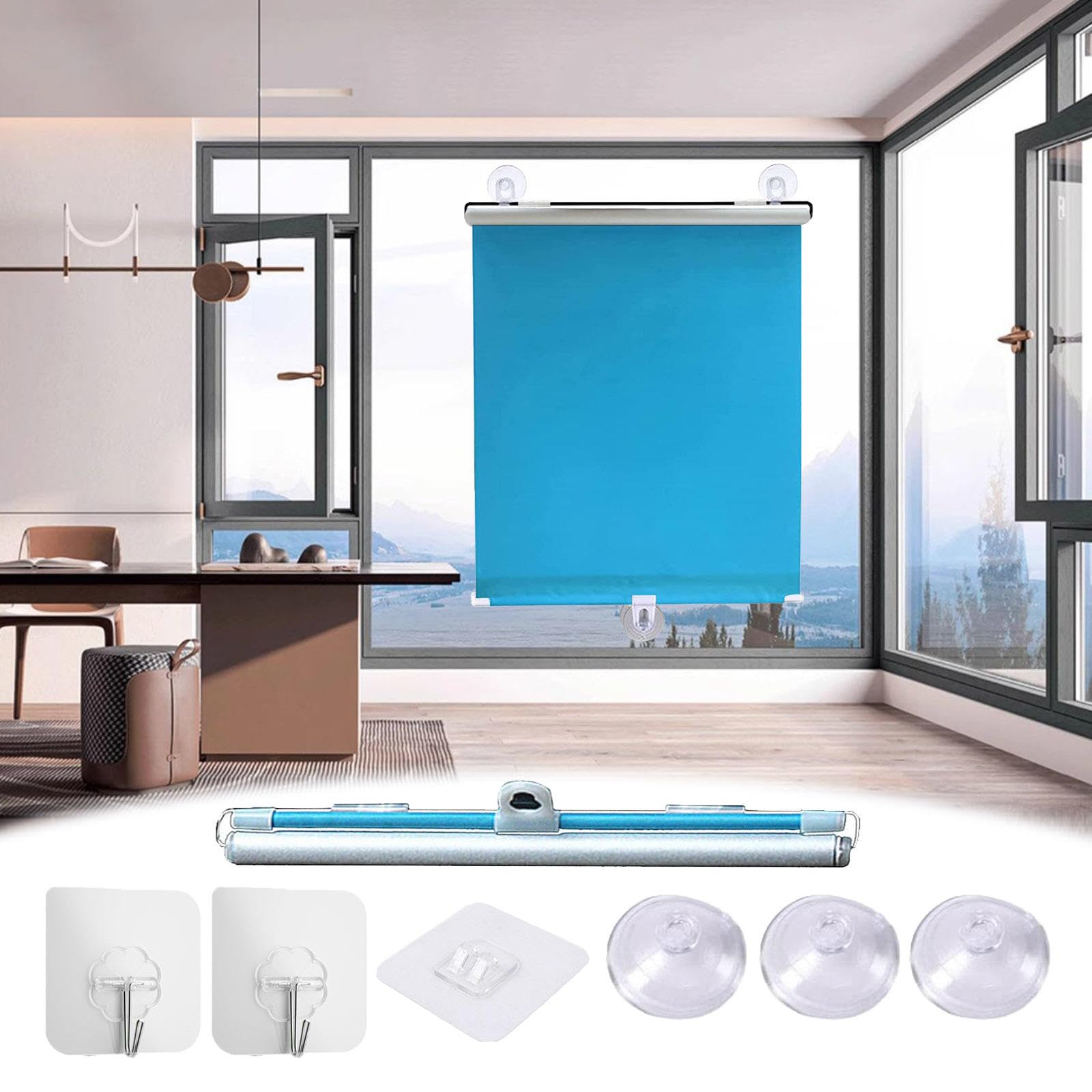 DECAKE Indoor Blackout Roller Blinds,Roller Shades with Suction Cups,Sunshade Blinds for Windows,Retractable Privacy Curtains,Portable Temporary Blinds,No Drilling,Blue-30×125cm(11.8 * 49.2in)