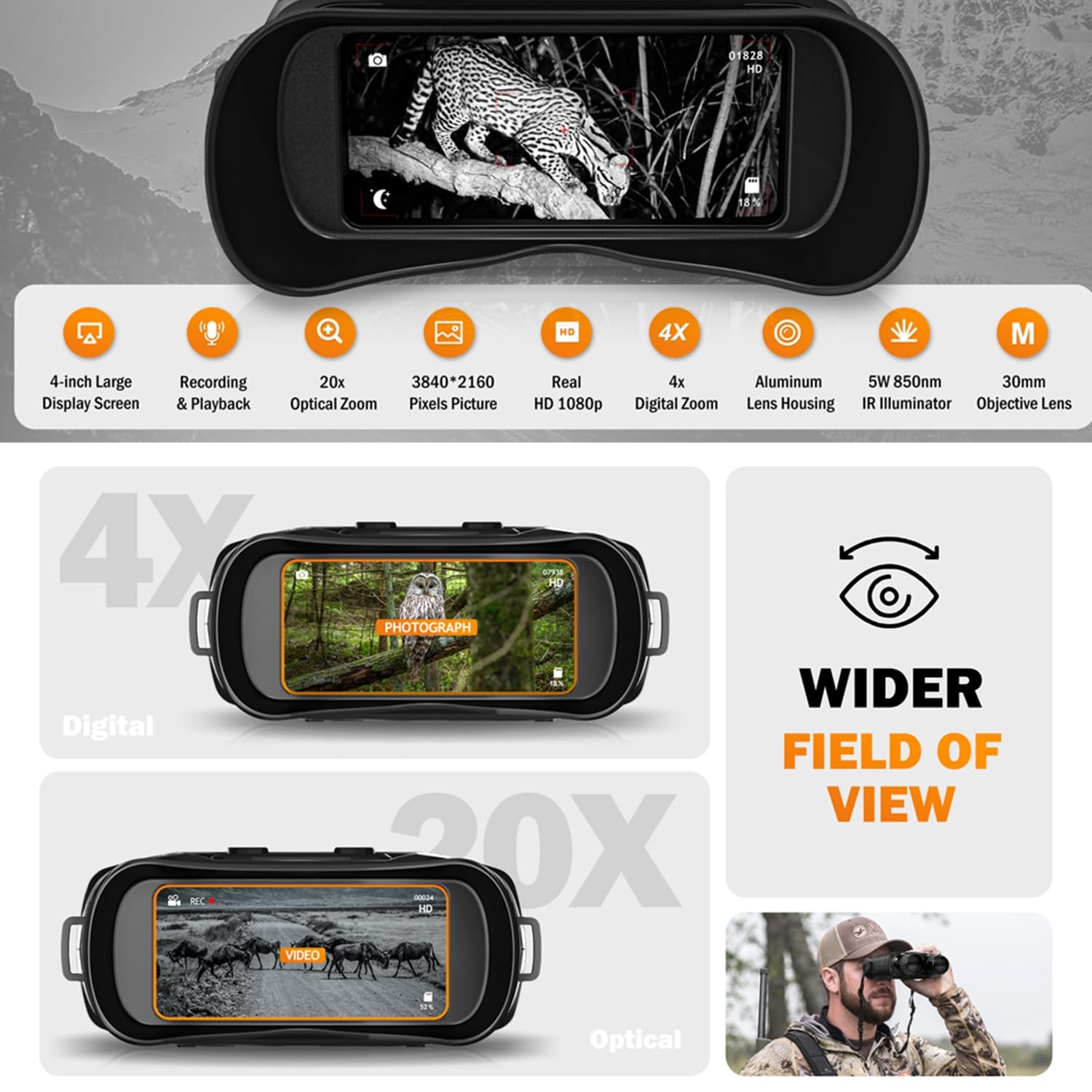 Nachtsichtgerät, 20X Optischer & 4X Digitales Zoom 1640ft Erkennungsweite Wasserdichtes Hochempfindlicher CMOS-Sensor 850nm Infrarot-Nachtsichtbrille für Erwachsene, Jagd Camping Überwachung