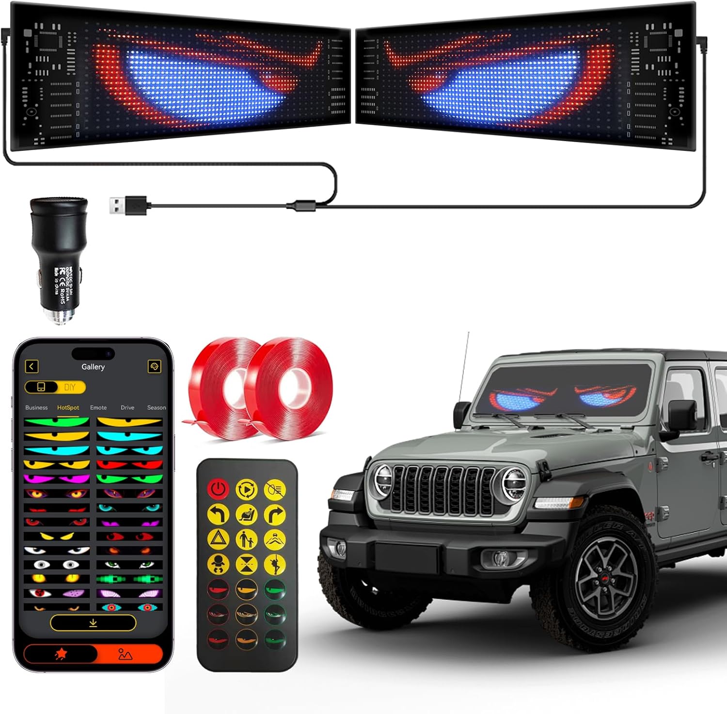 Devil Eyes Windshield LED Light 2PCS 13.7"x4" - Sync Programmable with APP/Remote, 5V USB-Powered IP65 Waterproof Flexible Bright Display & Easy Install for Cars, Trucks, SUVs & Sedans