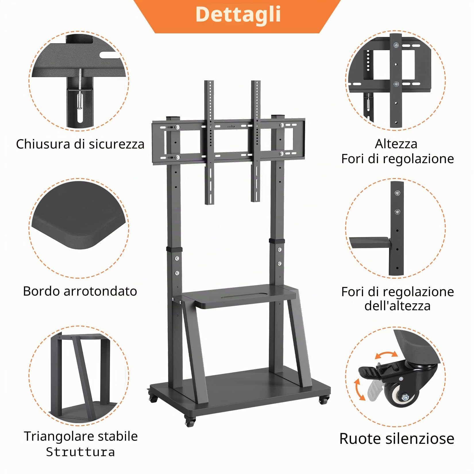 UNHO Supporto TV Mobile con Rotelle: Supporto TV da Pavimento per 32-100 Pollici Portata 80 kg, Porta TV con Ruote Altezza Regolabile, Max VESA 800x600mm