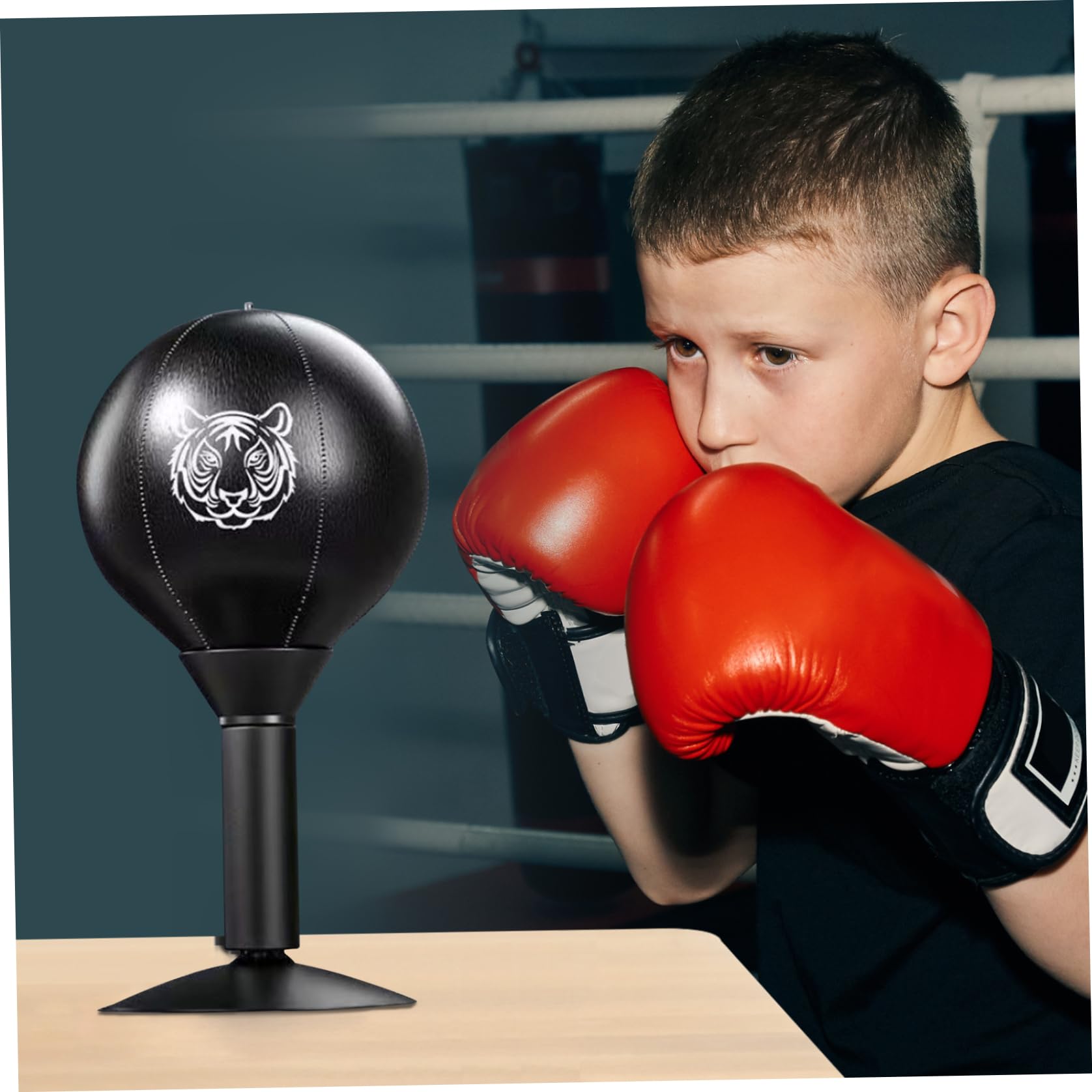Boxausrüstung, Desktop-Boxsack für Kinder und Erwachsene, stark belastbar, Boxball mit Ständer, Tigermuster, PU, ​​zum Üben, Training, Stressabbau, Boxsack, schwarz