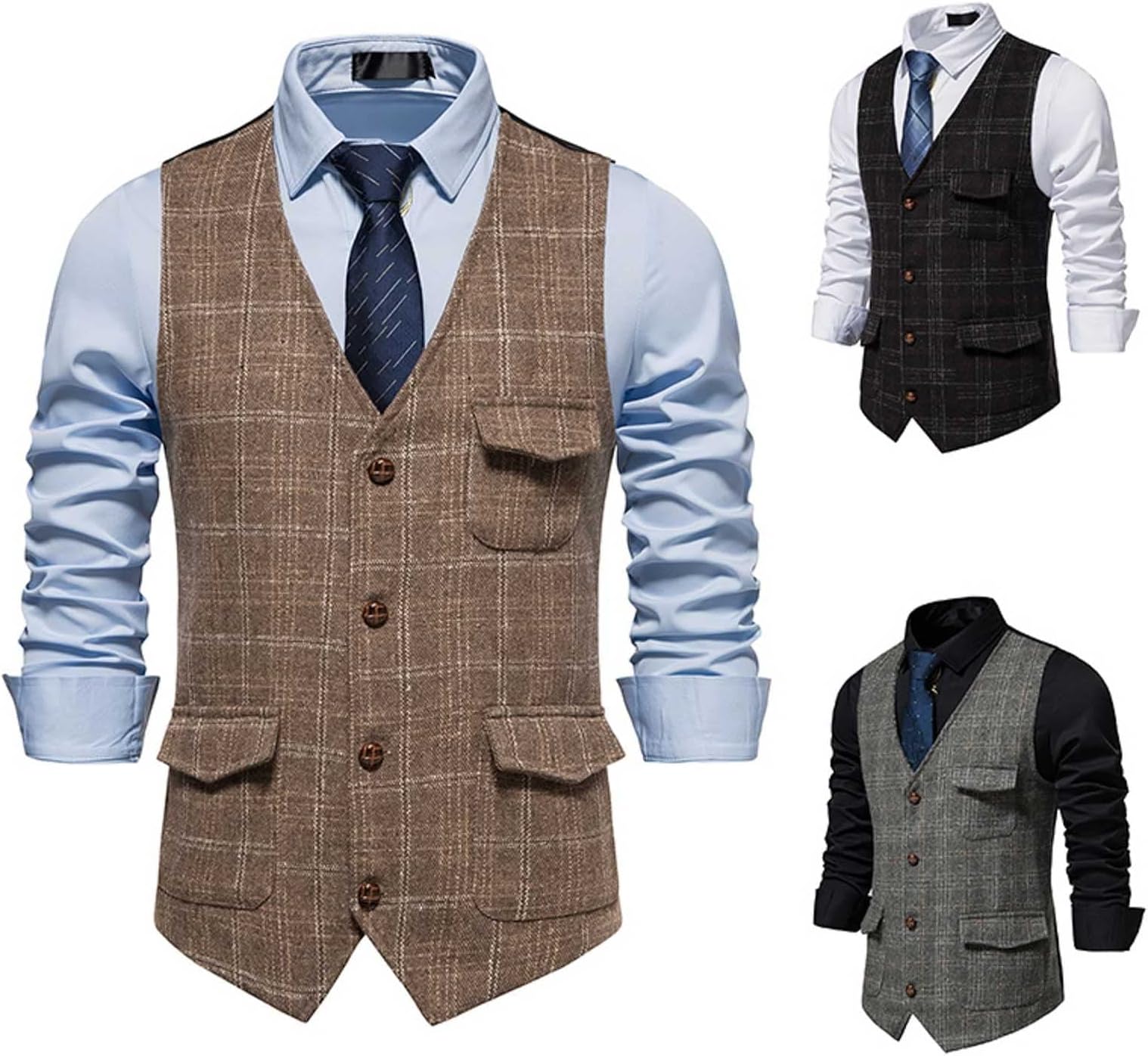 Mens V Neck Single Breasted Vest, Retro British Style Plaid Gilet, Casual Formal Heritage Vest, Stylish Button Front Outfit, Comfortable Slim Fit Outerwear, Trendy Leisure Waistcoat with Pockets