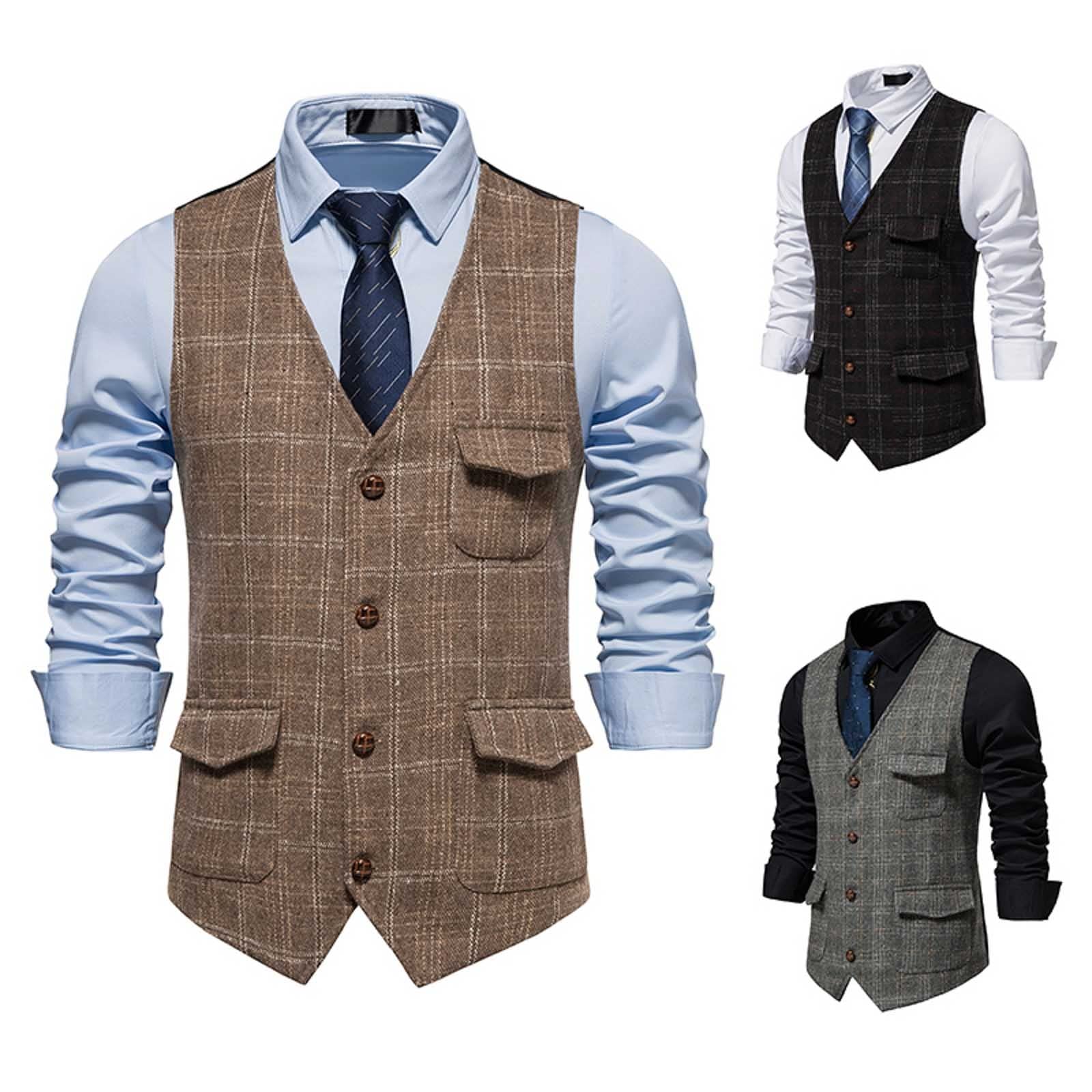 Mens V Neck Single Breasted Vest, Retro British Style Plaid Gilet, Casual Formal Heritage Vest, Stylish Button Front Outfit, Comfortable Slim Fit Outerwear, Trendy Leisure Waistcoat with Pockets