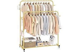 Double Rods Garment Rack with Wheels, Clothing Rack for Hanging Clothes