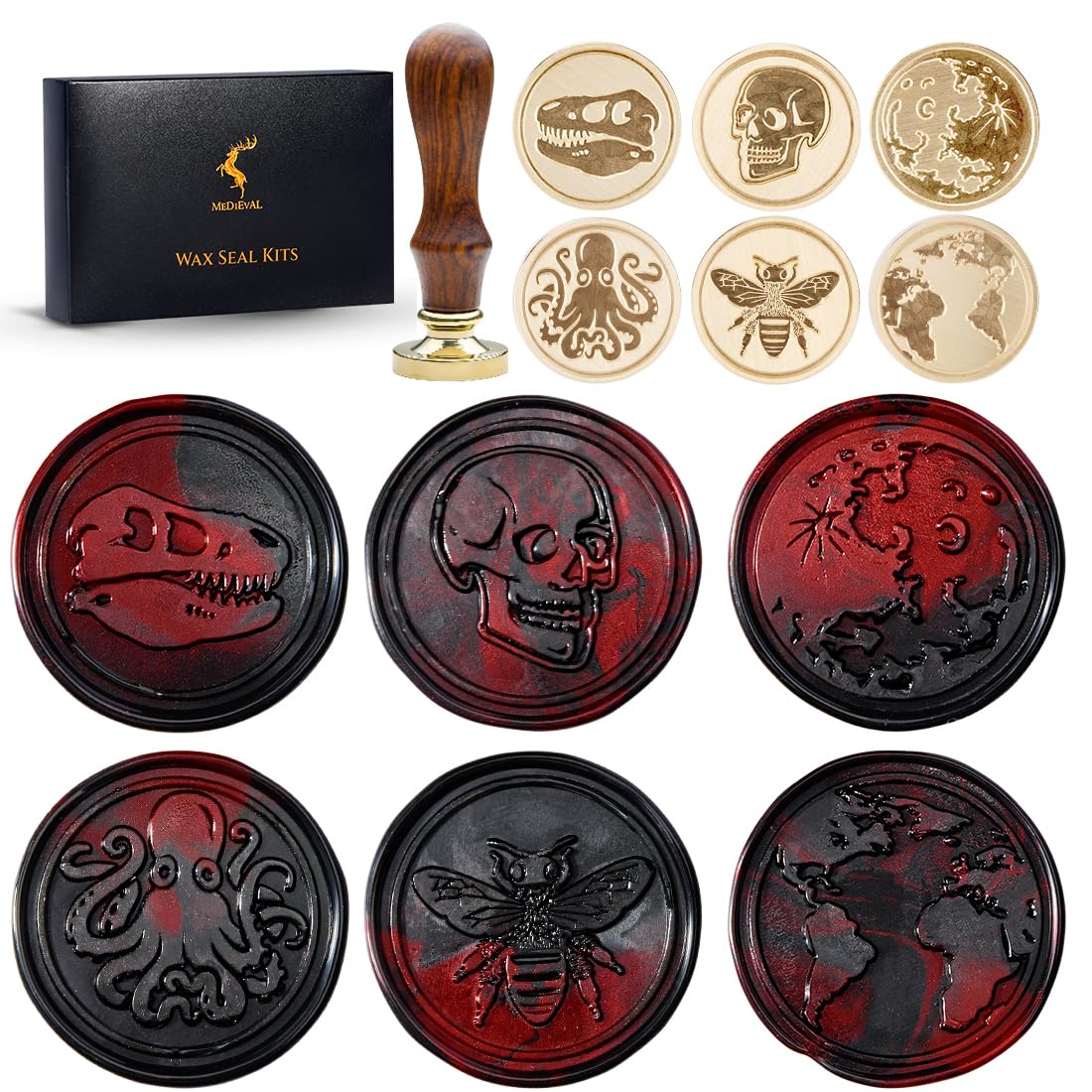 Wax Seal Stamp Kit, Set of 6 Sealing Wax Stamp with Brass Head Wooden Handle (Moon & Sun World Map Dinosaur Skeleton Bumblebee Octopus Design)