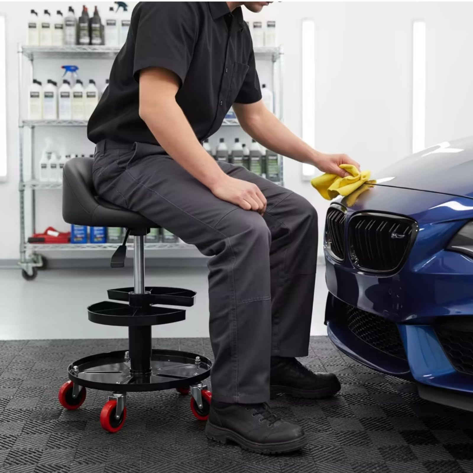 Taburete Taller con Banja Móvil Taburete con Ruedas Resistente Asiento Taller Respaldo para Garaje