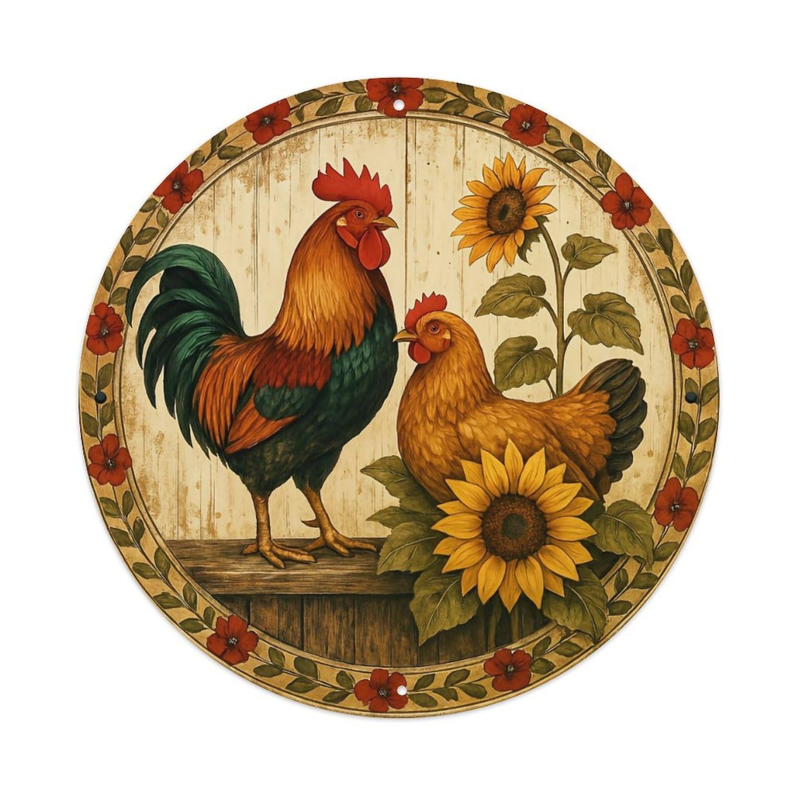 Rooster Hen Sunflower Floral Round Tin Sign Vintage Metal Sign Home Bar Garden Indoor & Outdoor Wall Decor Retro Metal Poster 8x8 Inch