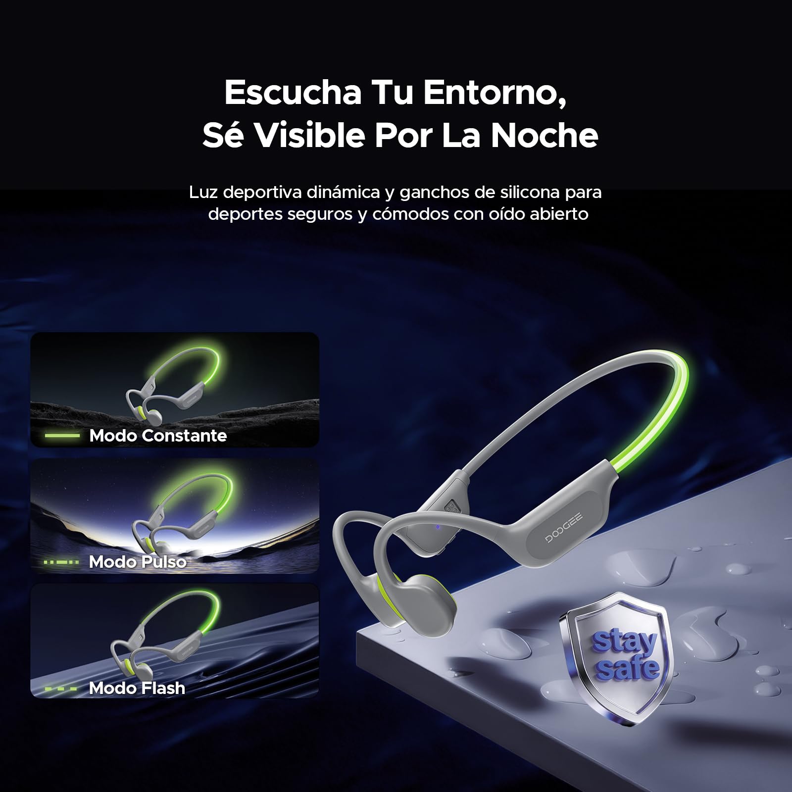 Auriculares de Conducción Ósea, Cinta LED, Impermeable IP68 Auriculares para Nadar, 10 Horas de Autonomía, Bluetooth 6.0, Modo MP3, Almacenamiento 32GB, Adecuados para Ciclismo (Gris)
