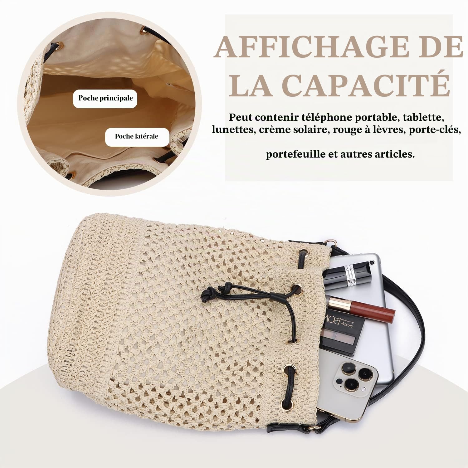 EVEOUT Sacs bandoulière Rétro Tissés Paille Femme Été Style bohème Grand Cabas Sacs portés épaule paille plage