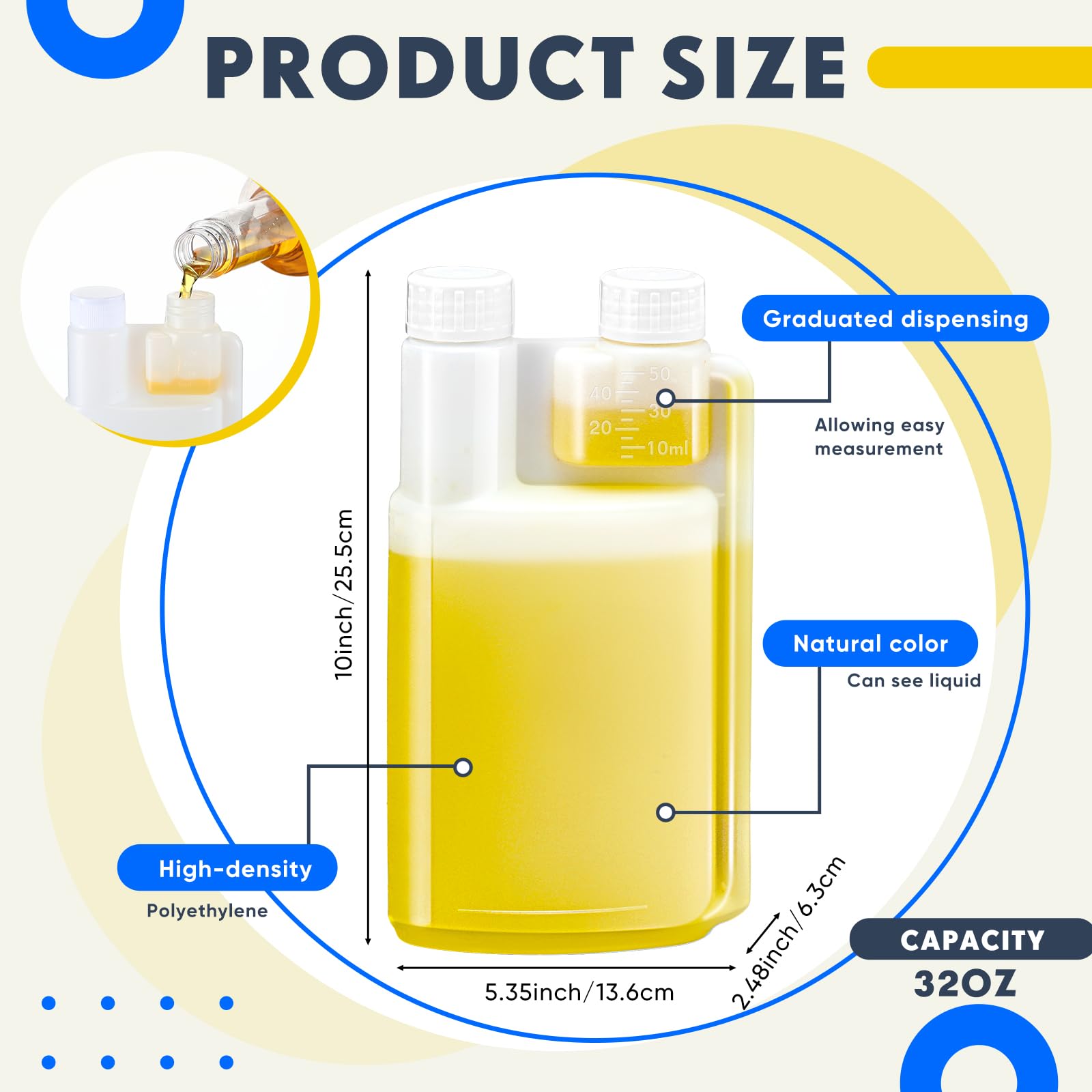 Lounsweer 12 frascos de plástico con cámara graduada de vaso de chupito integrada de 1 onza con tapas, botellas medidoras, una para llenar y otra para dispensar, almacenar, medir líquidos