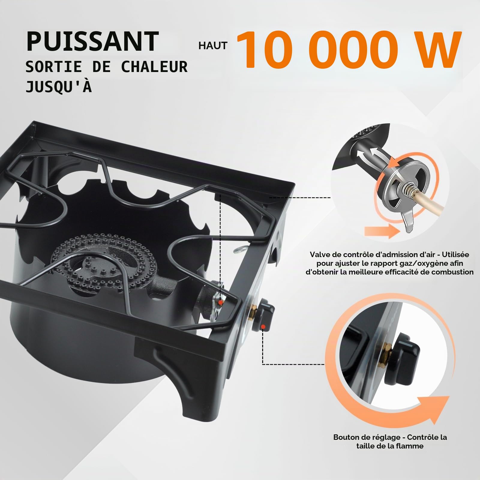 BACOENG Réchaud gaz 10KW avec pieds amovibles trépied extérieur 1.5m tuyau régulateur 50 mbar