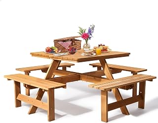 VINGLI 8-Person Wood Picnic Table Sqaure Picnic Table with Umbrella Hole and 4 Built-in Benches, Outdoor Dining Tables and Chairs 500 LBS Bench Capacity (Natural, Sqaure)