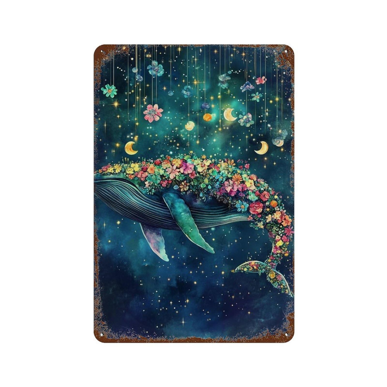 Whale with Flowers in Space-5 Rust Effect Tin Sign 11.8"x7.9", Vintage Wall Decor for Pub, Kitchen And Man Cave Decor
