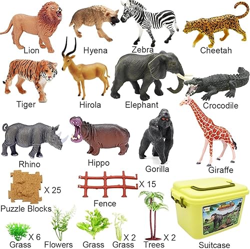 Miniatura 5 de Figuras de animales de safari 65 piezas realistas de animales de zoológico de la selva animales africanos salvajes de plástico con elefante león