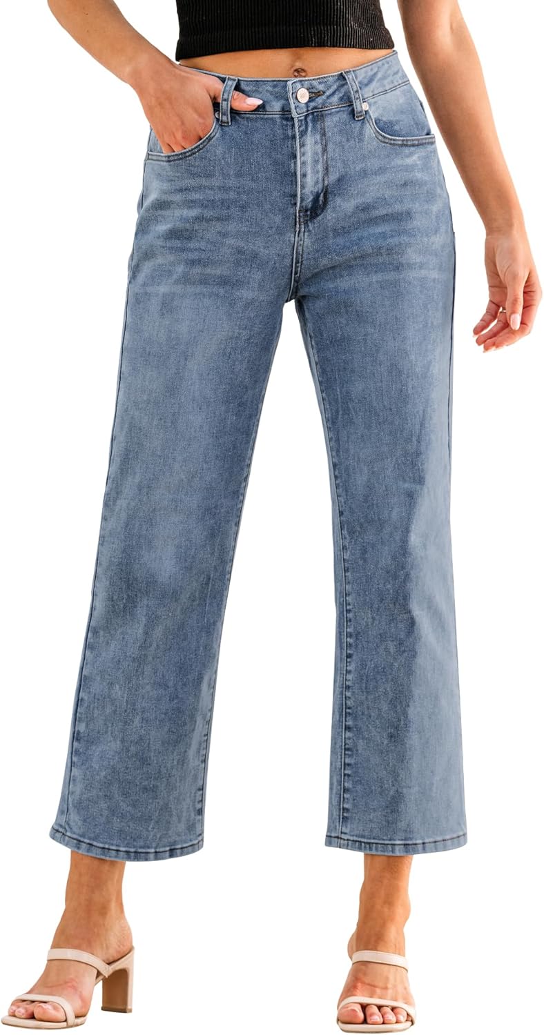 GRAPENT Jeans for Women Trendy High Waisted Loose Straight Leg Stretchy Denim Ankle Pants Cropped Jeans with Pockets