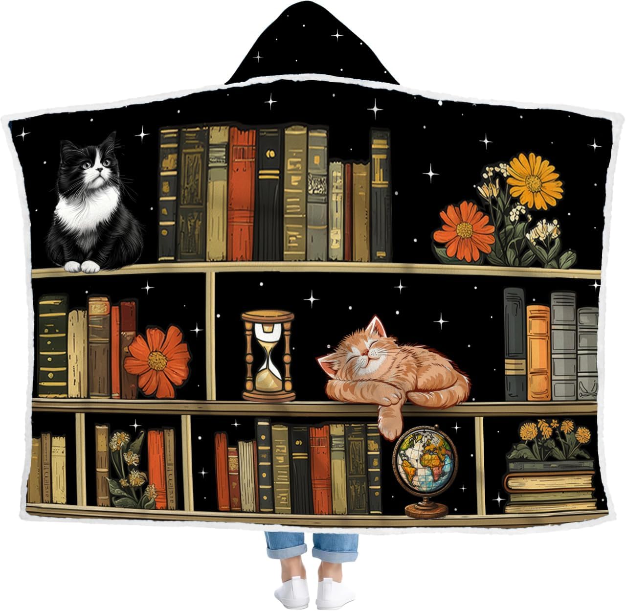 Cat Book Wearable Blanket With Hood, Cozy Reading Gifts