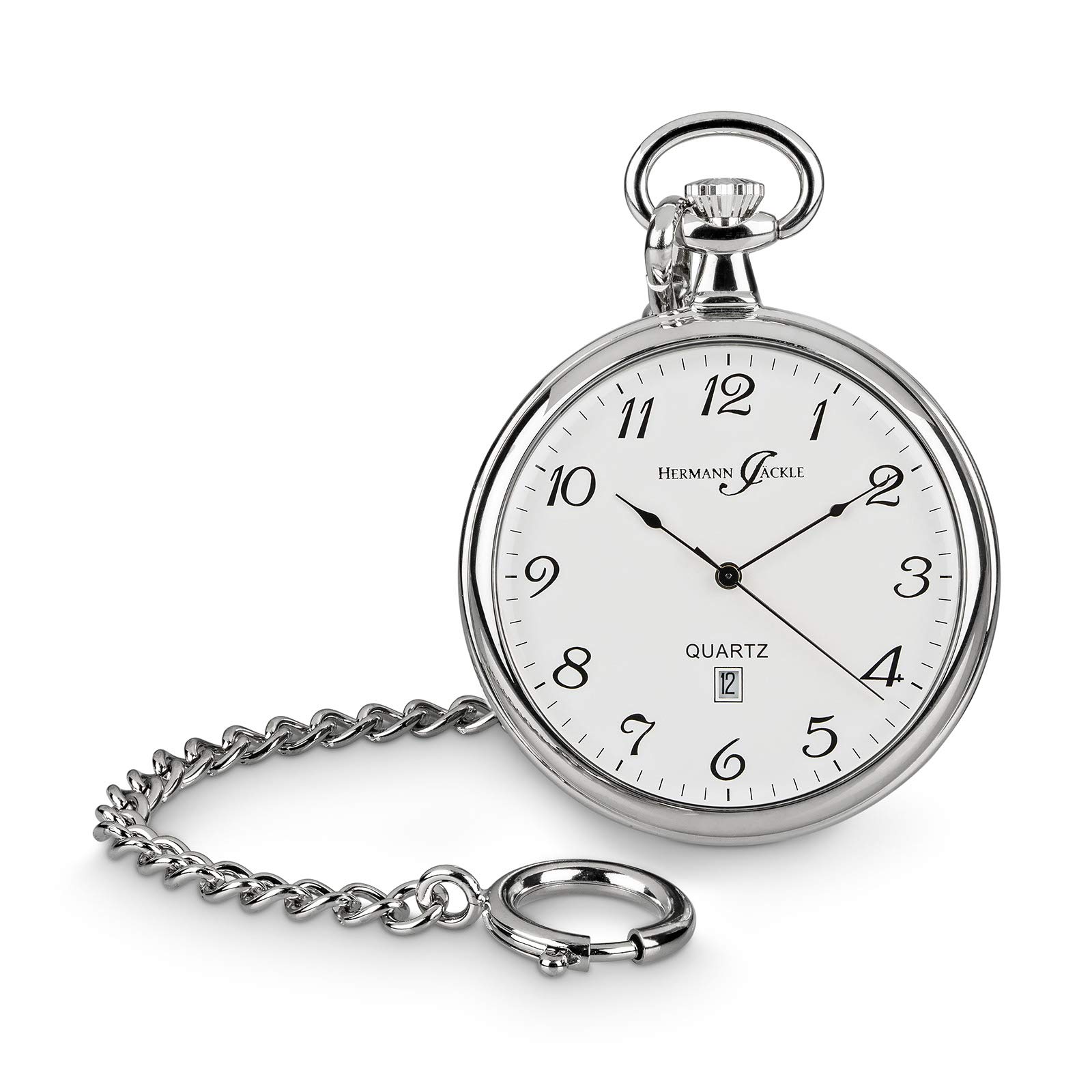 Hermann Jäckle Herren Taschenuhr Konstanz II Quarz 47 mm Silber | Quarzwerk, Datumsanzeige, großes Piloten-Zifferblatt, inklusive Kette und Reiseetui