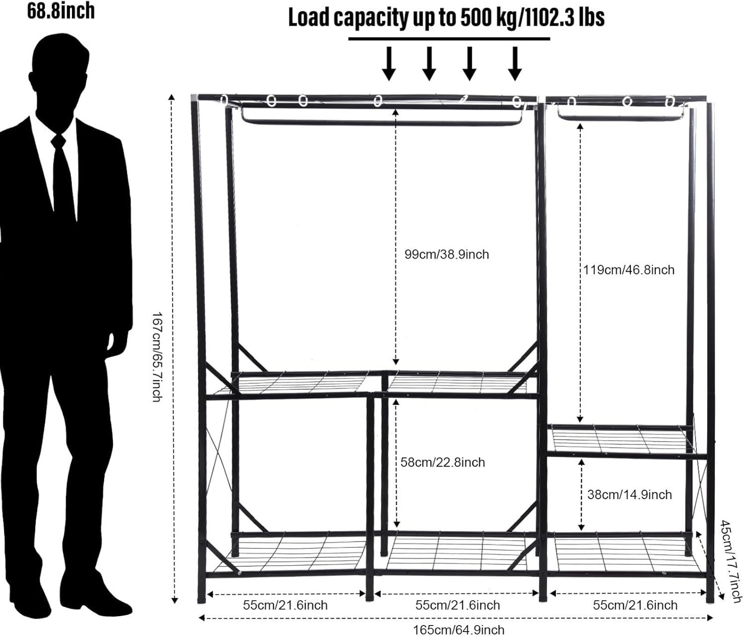 Foldable Closet | Freestanding Wardrobe Storage Rack with Fabric Cover | Portable Closet, Metal Clothing Rack for Organizing Clothes, Max Load 1102 LBS