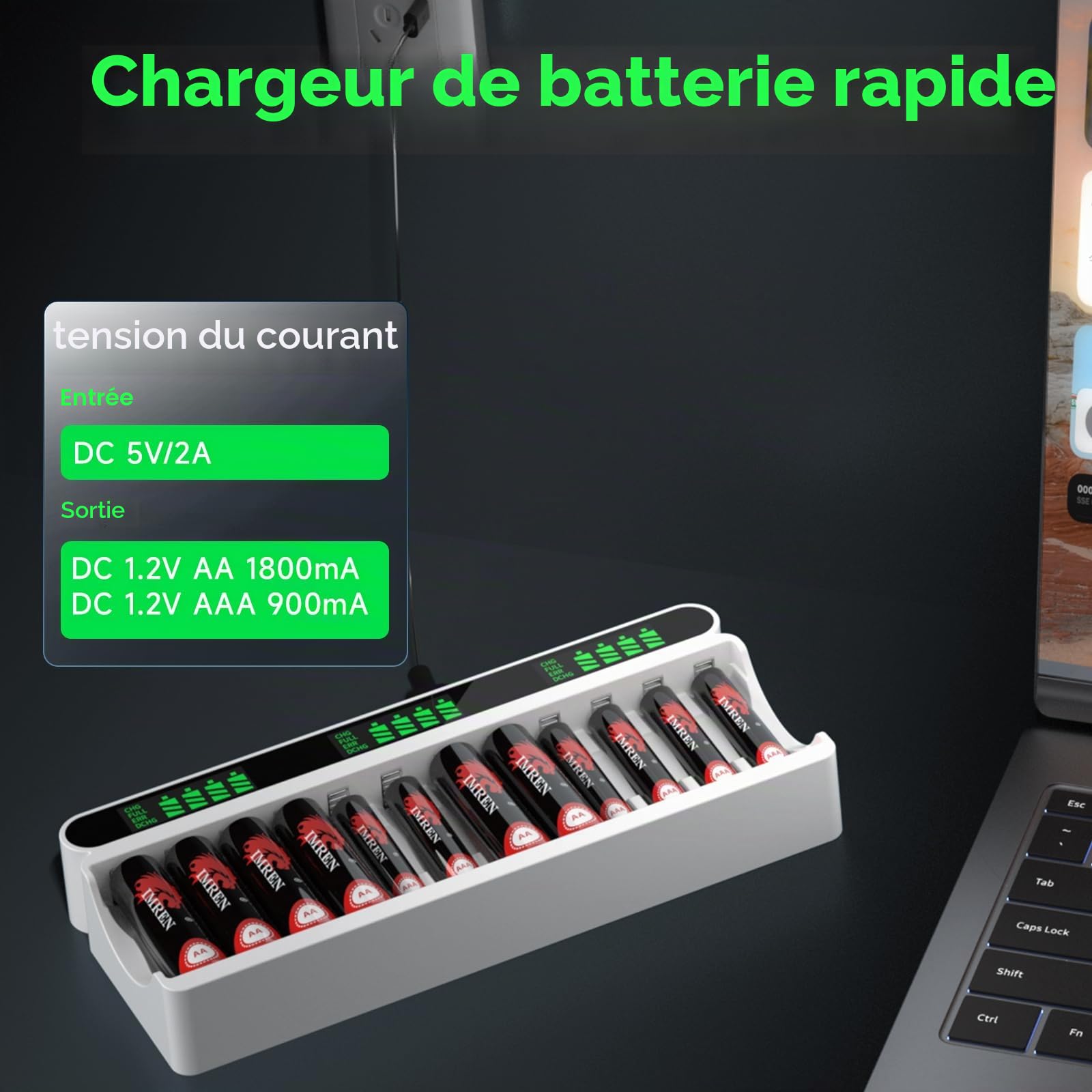 IMREN Chargeur de Piles Rechargeables, 12 Slots de Charge Indépendants avec écran LCD, 5V 2A Type-C et Entrée Micro USB, pour Batterie Rechargeable NiMH/NiCD AA AAA