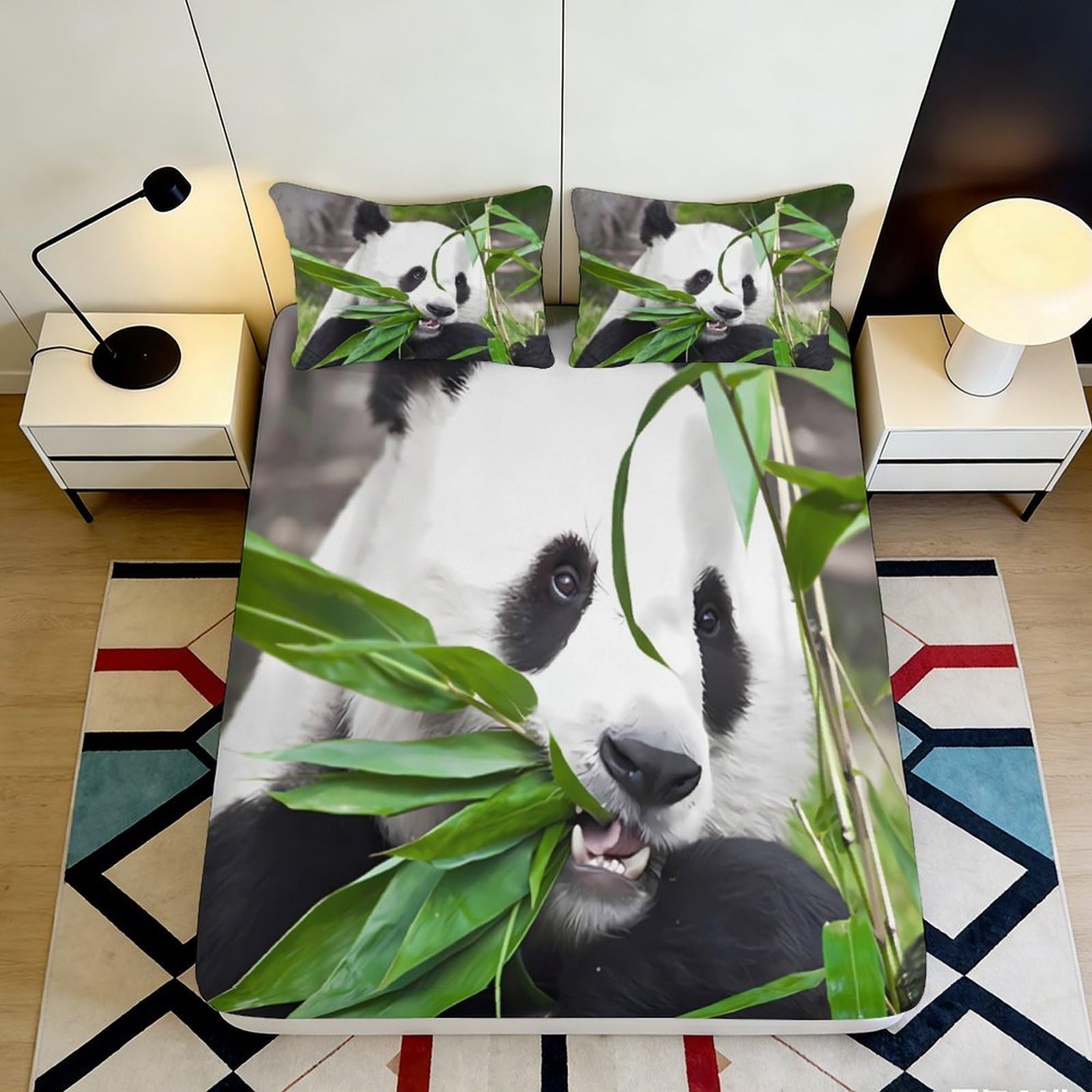 3D Printed Panda Animal Fitted Sheet Microfiber Soft Breathable Bamboo Leaves Bed Cover for Bedroom Dormitory Guest Room Mattress Protection 160x200x25cm