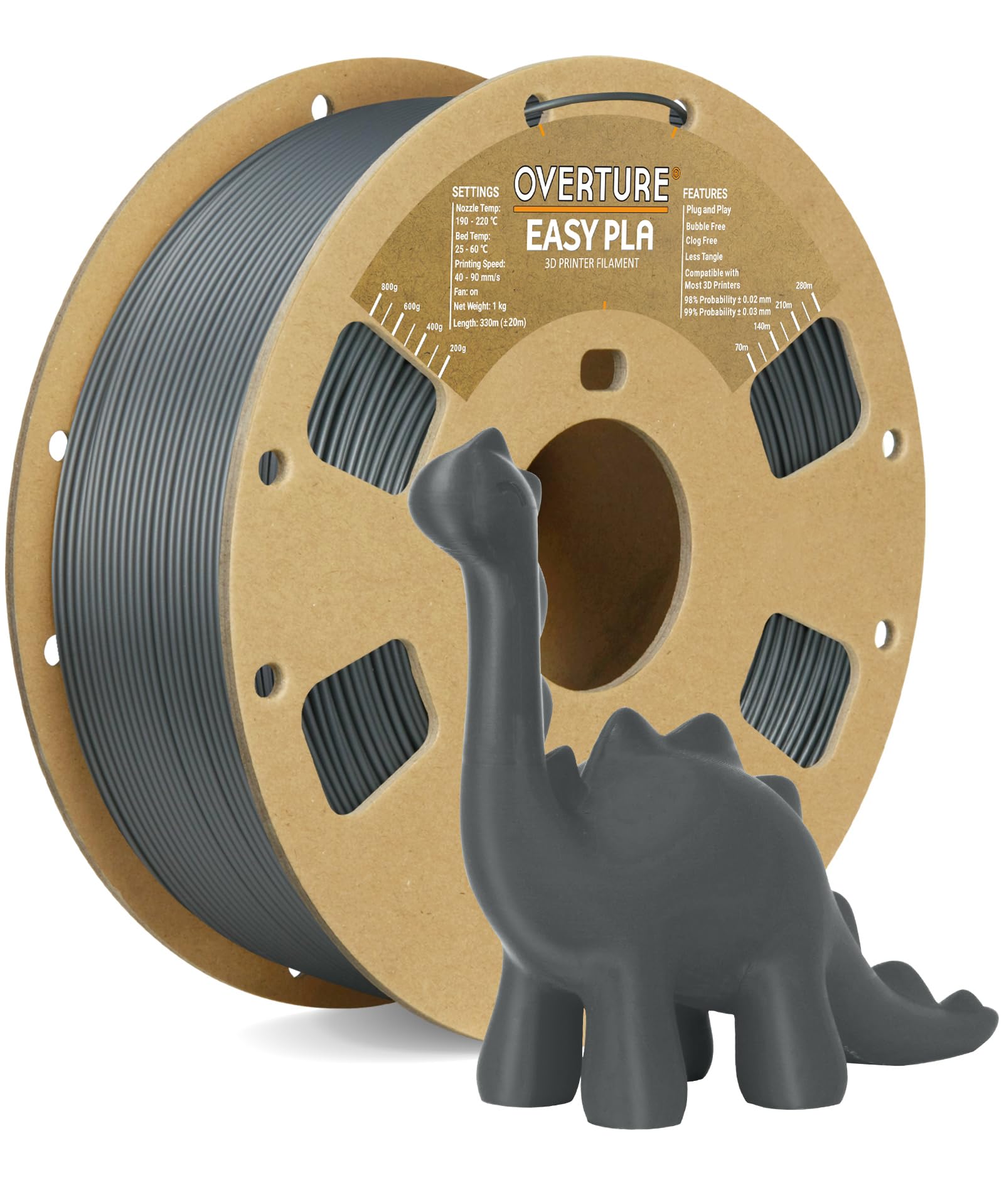 OVERTUREEasy PLA Filament 1.75mm, 1kg Spool (2.2lbs), Dimensional Accuracy +/- 0.02mm, for 3D Printer (Easy Space Grey)