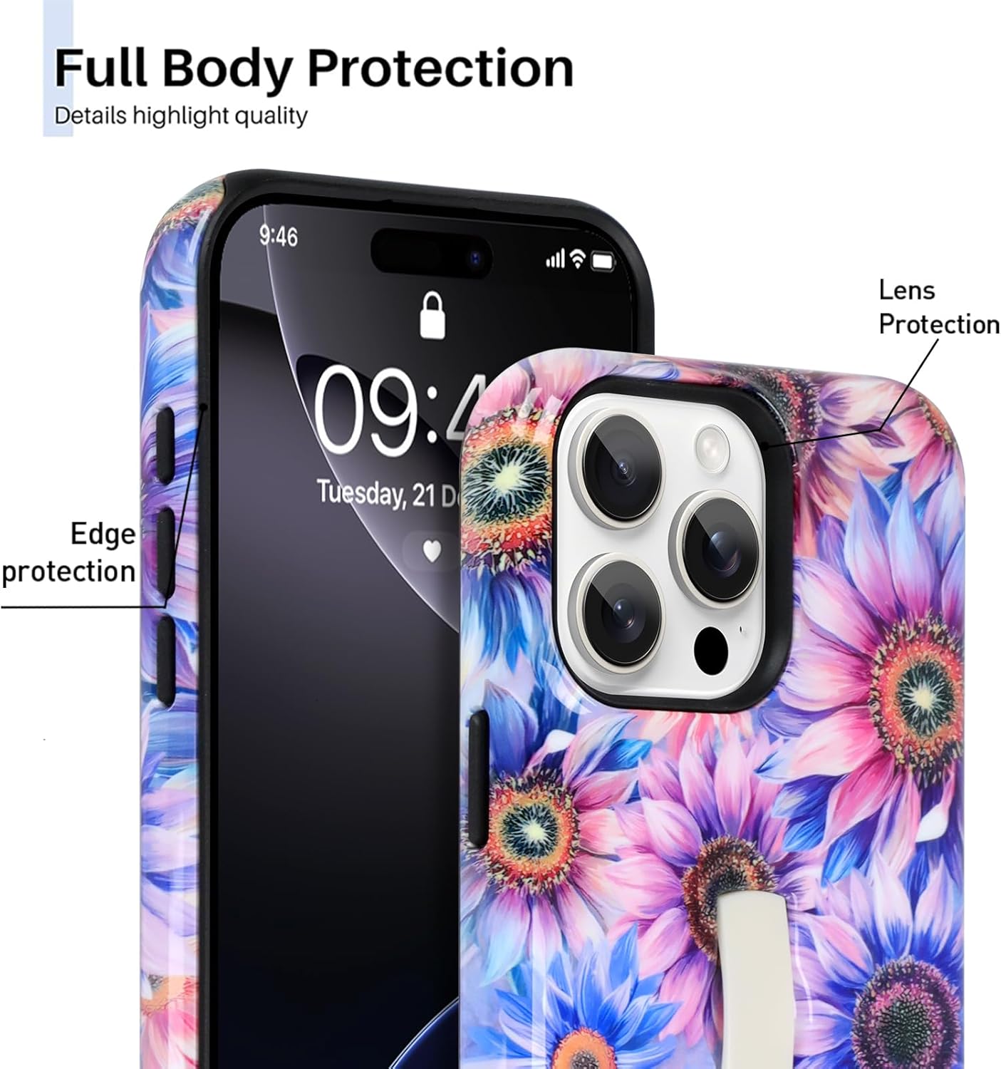 Compatible with iPhone 16 Pro Case, Cute Glossy Sunflower Design, Built in Adjustable Wrist Strap Grip Hand Holder Stand Kickstand Shockproof Hard Cover (Purple)