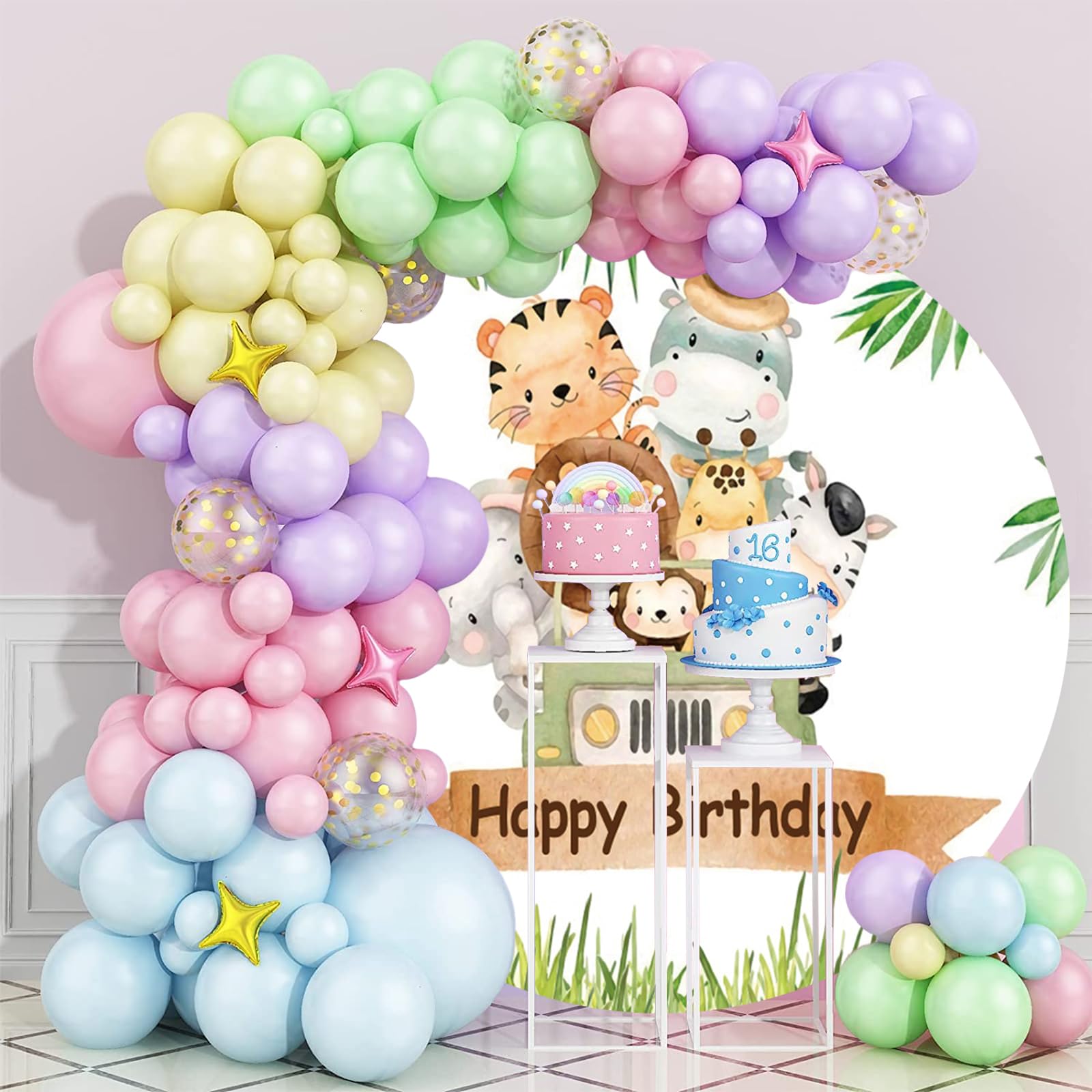 2m Sfondo Rotondo per Compleanno con Animali Della Giungla Giungla Animali Piante Tropicali Fotografia Bambino Doccia Sfondo Copertura Bambini 1 ° Compleanno Decorazione Banner Studio Prop